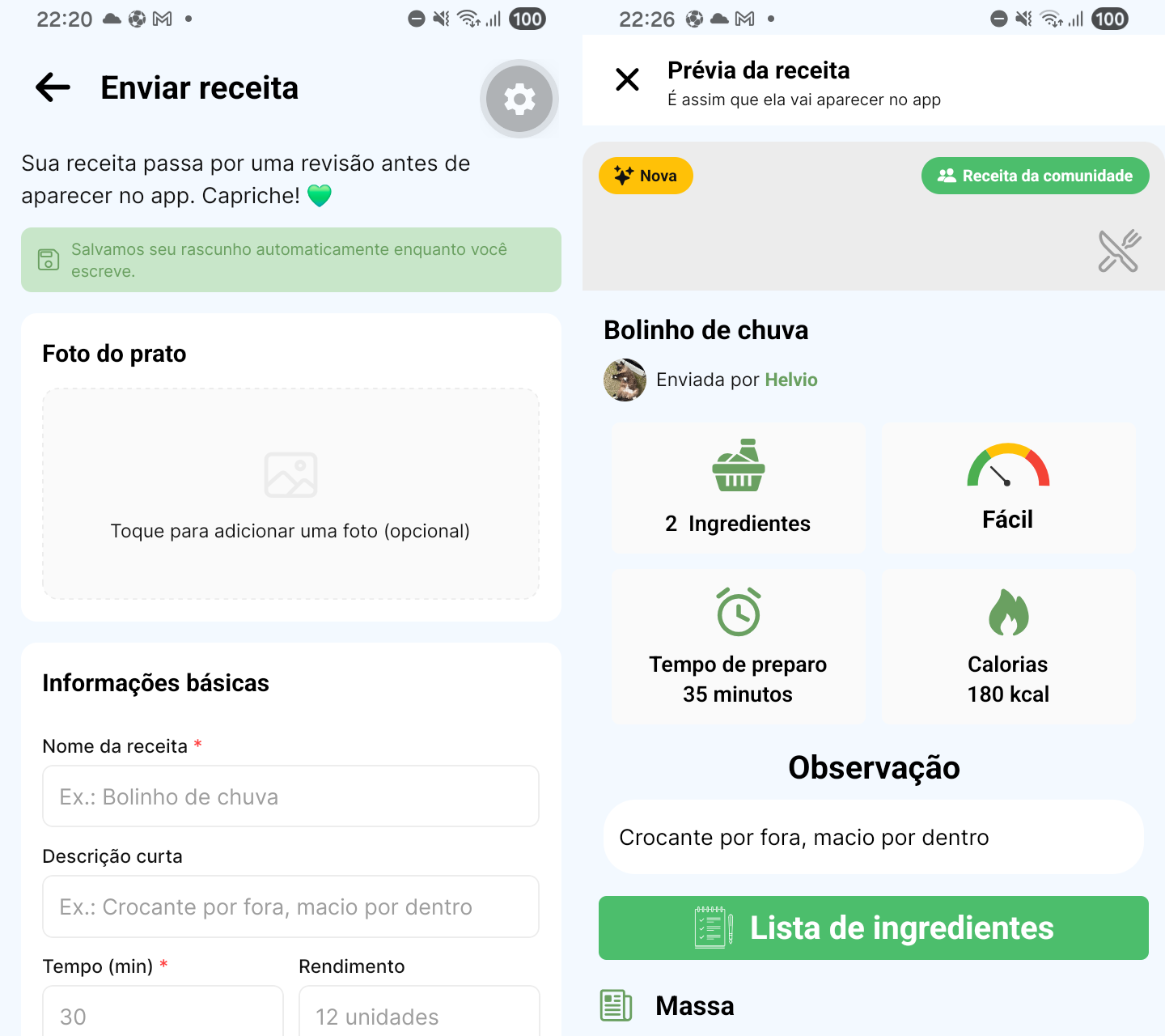 Telas de envio de receita pela comunidade e prévia antes da publicação